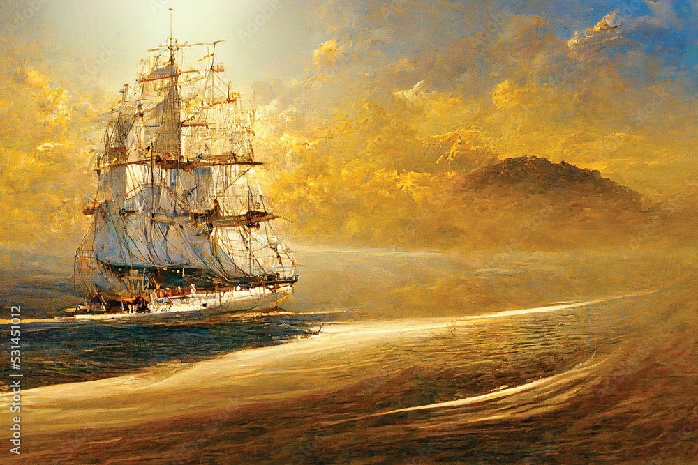 Oil painting of sailing ship on ocean in sunset. Digital art, printable ...
