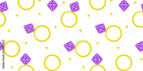 Diamond ring pattern. Fashion engagement. Circle gold gift. Luxury corporate jewellery. Cartoon background. Expensive brilliant gemstone. Precious amethyst. Vector seamless texture