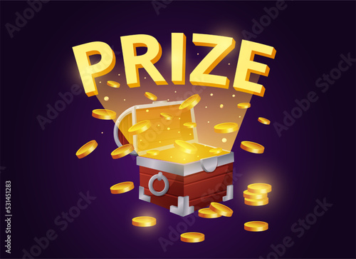Treasure box. Chest with gold coins. Prize banner. Game level win. Ancient money. Goblet reward. Isolated wooden container. Fairy crate with golden light. Magic coffer. Vector Illustration