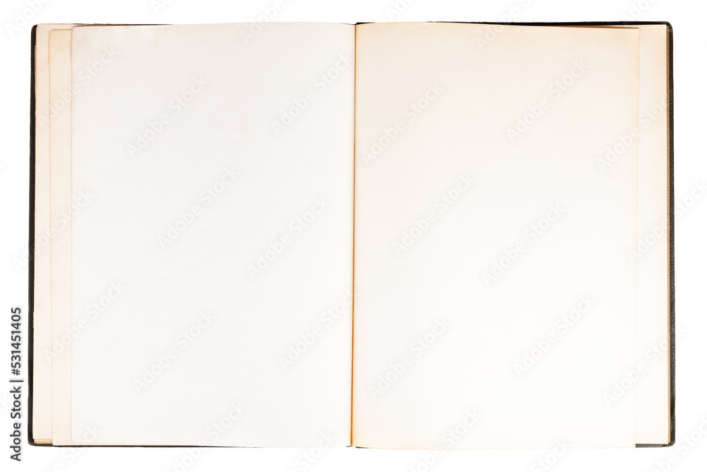 Simple single old open empty blank notebook, spread book pages top view, text space object isolated on white, cut out, copy space. Old antique stylish parchment design, view from above. Journal, diary Simple single old open empty blank notebook, spread book pages top view, text space object isolated on white, cut out, copy space. Old antique stylish parchment design, view from above. Journal, diary