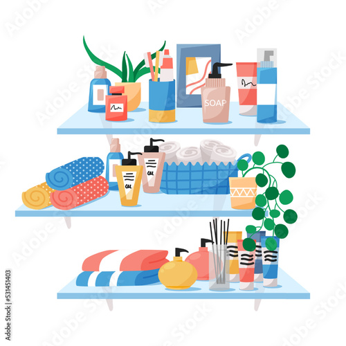 Personal hygiene composition, bathroom accessories, dental clean toothbrush and paste. Shower gel, shampoo and soap on shelf, houseplants and aroma candles. Vector illustration icons