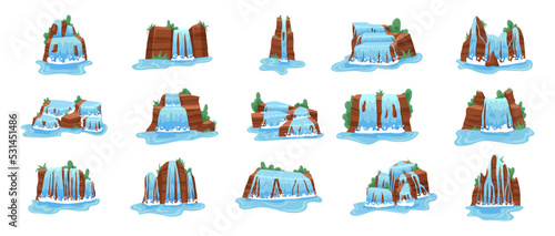 Mountain waterfall. Cascade rock river. Water hill island. Jungle trees. Camping view scene. Wild nature. Landscape elements set. Aqua streams fall from cliff. Vector cartoon illustration