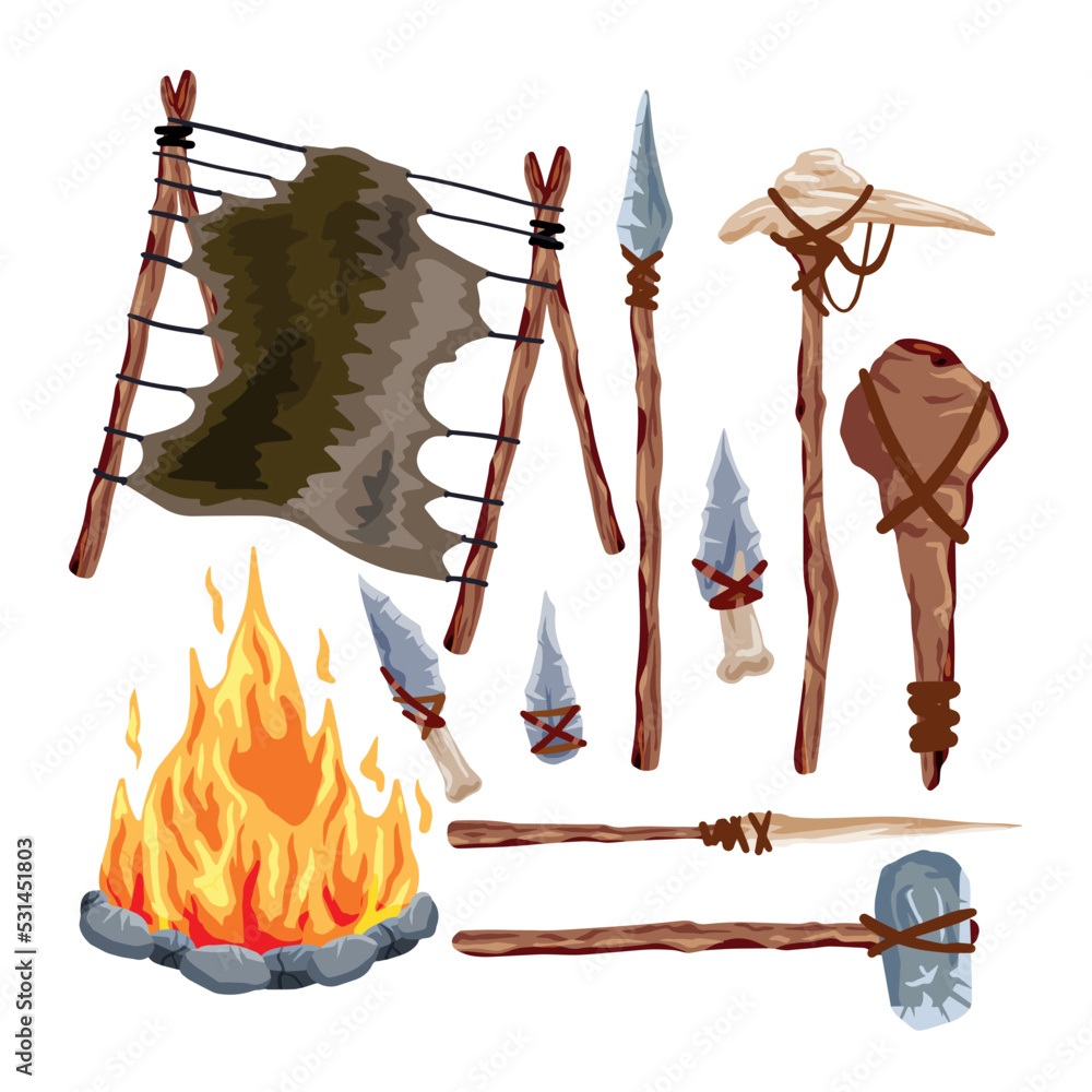 Prehistoric weapons. Set of caveman tools. Primitive spear and stone