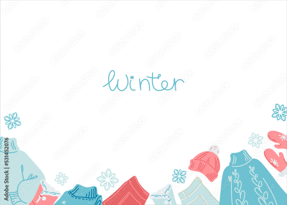 Frame with warm women's clothing in pink-blue colors. Seasonal form. Banner for winter design. Flat style.