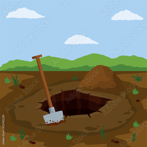 Digging hole and gardening. Shovel and dry brown earth.