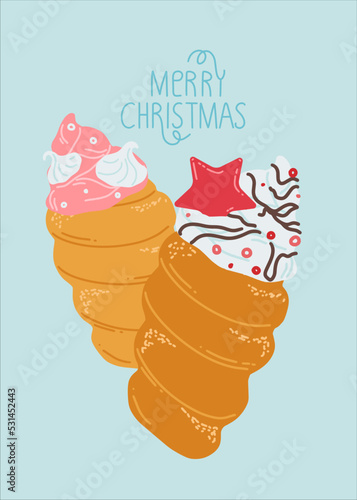 Trdelnik pastry with whipped cream, chocolate and caramel. Traditional Christmas treat. Vector christmas illustration. Traditional design.