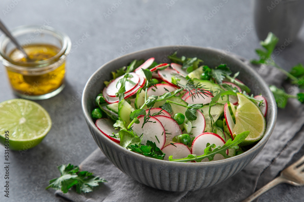 Fresh radish, cucumber and green peas salad Fresh radish, cucumber and green peas salad