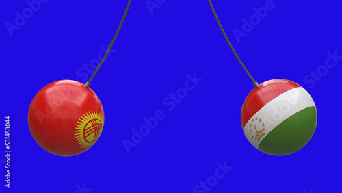 Balls on ropes in the colors of the national flags of Kyrgyzstan and Tajikistan approach each other against a neutral background. 3D rendering. Design blank. Layout.