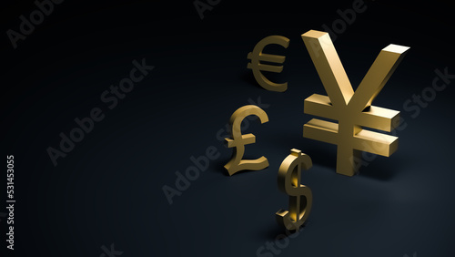 Gold-plated yen symbol rises above the symbols of other currencies on a dark background with space for text or a logo. 3D rendering. The concept of finance, exchange rates, forex