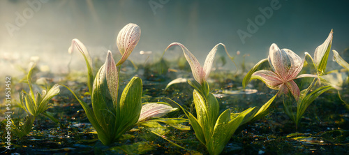 3D rendering. Beautiful white lily flower landscape on the water illustration