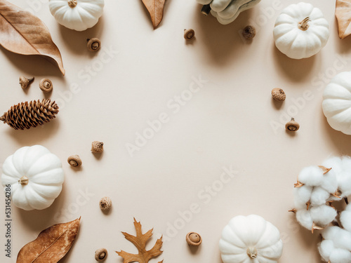 Fall composition with different leaves, pumpkins, acorns on beige background.