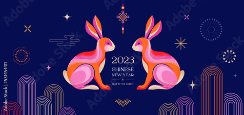 Chinese new year 2023 year of the rabbit - Chinese zodiac symbol, Lunar new year concept, colorful modern background design