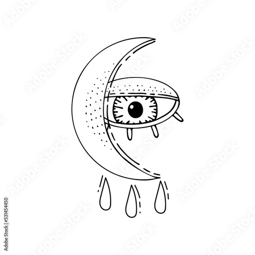 Crescent. Bohemian moon all-seeing eye. Ancient amulet in boho style. Hand drawn vector illustration.