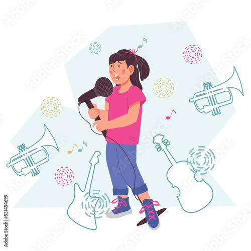 Children music and vocal education banner or emblem design with child singing with microphone among musical instruments and notes symbols, flat vector illustration isolated on background.