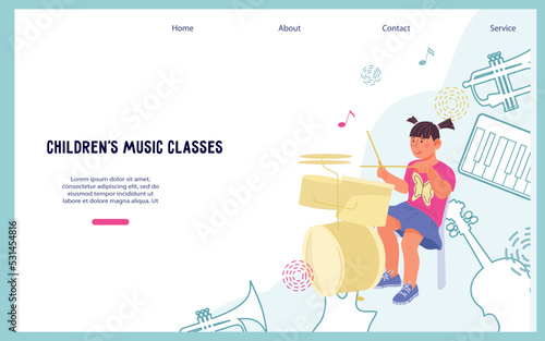 Children music education and lessons website banner or landing page mockup with child playing on drums musical instruments, flat vector illustration. Learning music and arts.