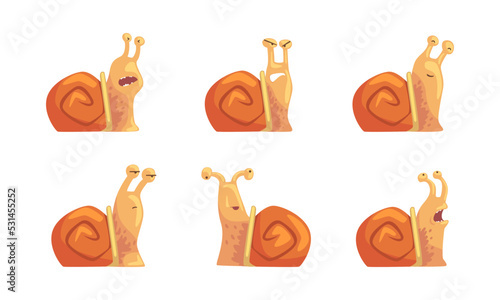Emotions of funny snail set. Brown helix with bored, frightened, angry and sleepy face expression cartoon vector illustration