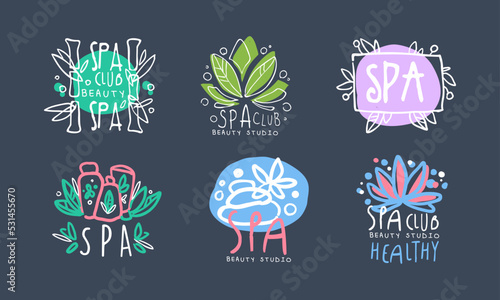 Spa club, beauty studio badges, labels set. Cosmetics store, wellness center, organic health care products logo hand drawn vector