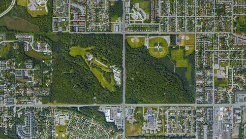 City, Forest and Park, urban forest aerial view, Russian Jack Springs Park, looking down aerial view from above – Bird’s eye view Russian Jack Park, Anchorage, Alaska, USA