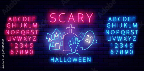 Scary Halloween neon street label. Luminous pink and blue alphabet. Gravestone, castle and ghost. Vector illustration