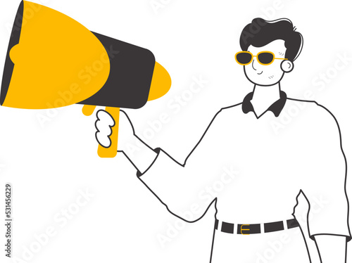 The man is holding a mouthpiece in his hands. Lineart. Isolated. Vector illustration.