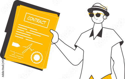 A man holds a contract in his hands. Linear trendy style. Isolated. Vector illustration.