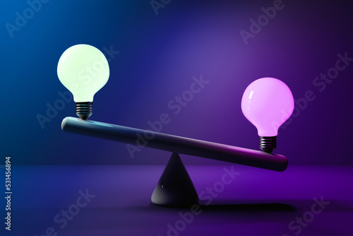 Foto Two lightbulbs on a seesaw - 3D render