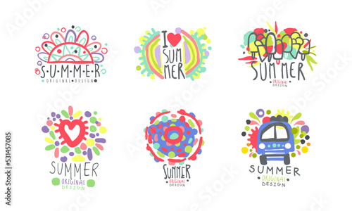 Summer labels set. Bright colorful badges for summer holidays, beach vacation, party, restaurant or cafe menu hand drawn vector illustration