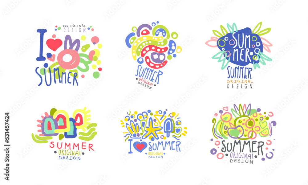 I love summer labels set. Summer holidays, beach vacation, party, restaurant or cafe menu badges hand drawn vector I love summer labels set. Summer holidays, beach vacation, party, restaurant or cafe menu badges hand drawn vector