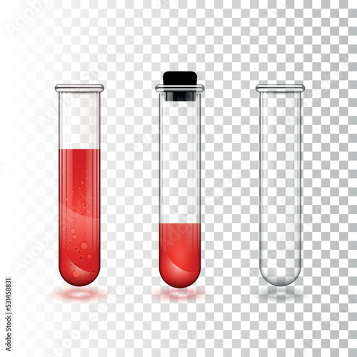 3 test tubes, empty, filled with red liquid, blood. Chemical reagent laboratory flasks 3d realistic vector set isolated on transparent background. Scientific or medical laboratory glass illustration