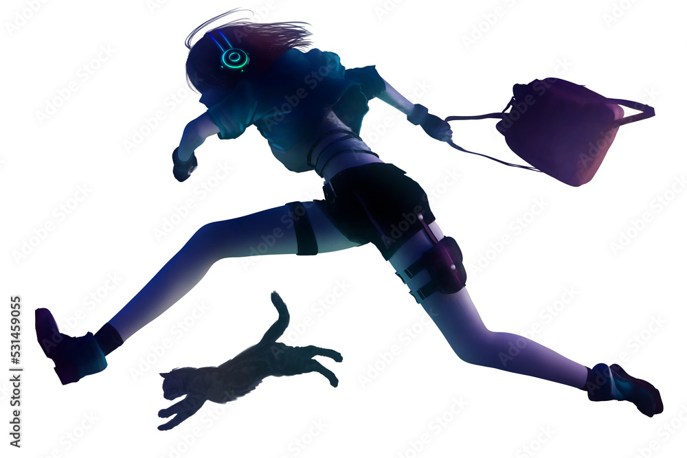 Fototapeta premium A long-legged anime girl in headphones, shorts and a jacket makes a long jump hiding from the chase with a cat friend, she has a briefcase in her hand.