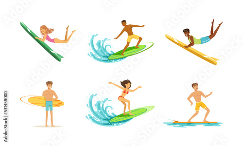 Young people riding surfboards set. Extreme water sport, people enjoying summer vacation vector illustration