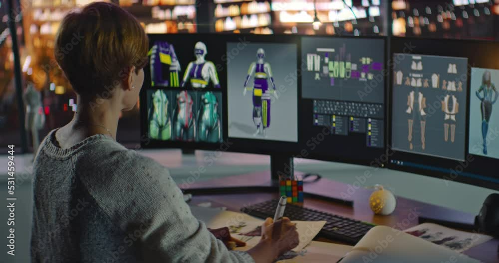 Female Fashion Designer Drawing New Sketches and Creating 3D Virtual Models on Computer in Her