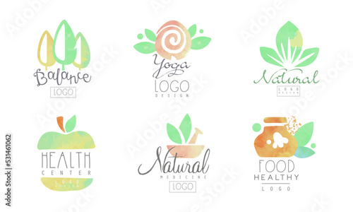 Health center labels set. Healthy food  natural medicine  yoga badges vector illustration