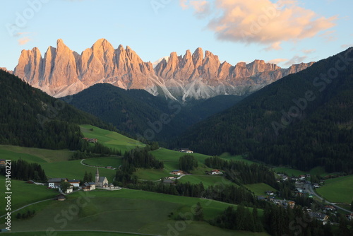 val di funes, mountains landscape,enrosadira,sunset,