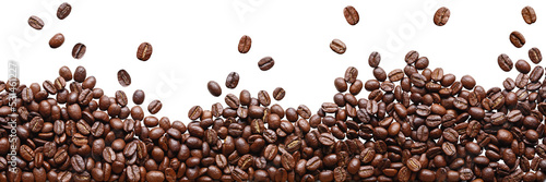 Papier peint A lot of brown coffee beans lies and levitates, flat lay, grains isolated, on a