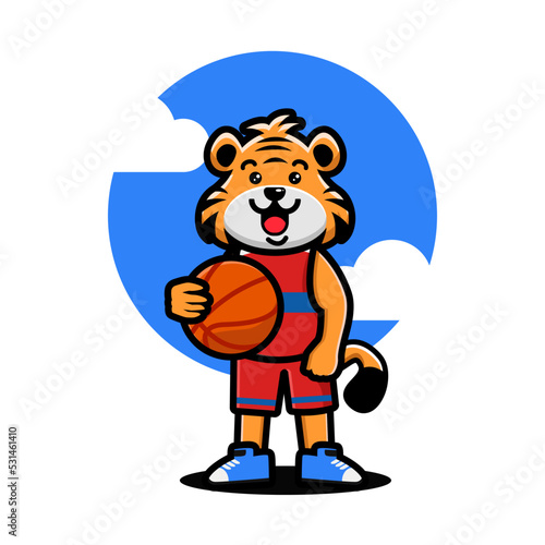 Happy tiger playing basketball
