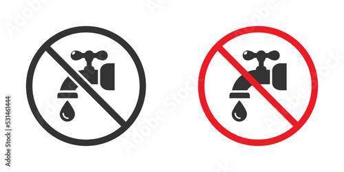 No Water Sign. Stop water leak sign, water tap and dripping drops icon. Flat vector illustration.