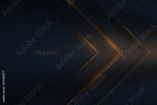 Luxury dark wavy arrow shape with shining golden background.