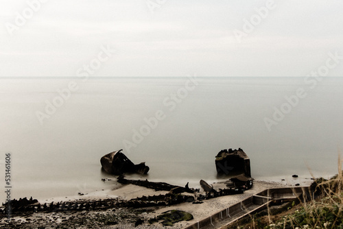 Long time exposure of shipwreck, Épaves de navires en béton, Octeville-sur-Mer, Normandie, France