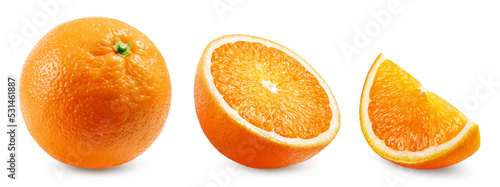 Oranges isolated. Ripe orange, half and slice of orange on a white background. Fresh fruits.