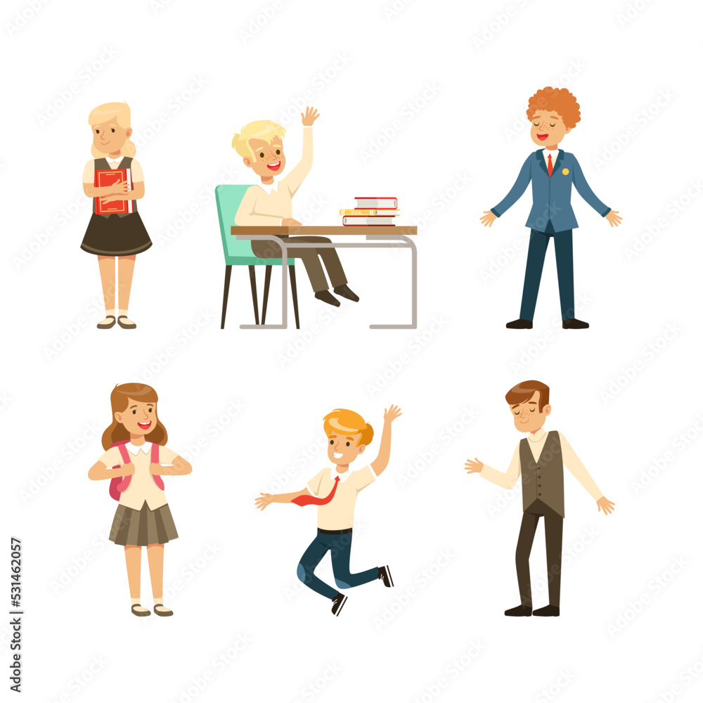 Set of happy schoolboys and schoolgirls in uniform. Elementary school students in different poses cartoon vector illustration Set of happy schoolboys and schoolgirls in uniform. Elementary school students in different poses cartoon vector illustration