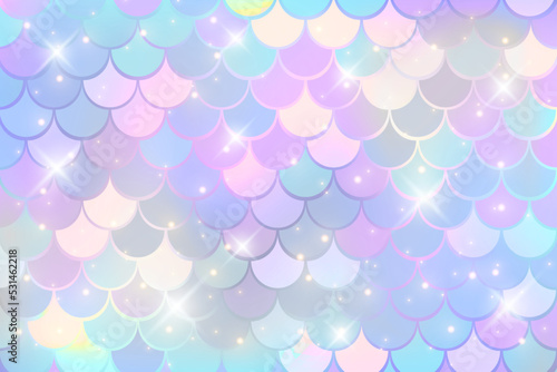 Mermaid holographic background with scale and stars. Iridescent glitter fish tail pattern. Kawaii vector texture.