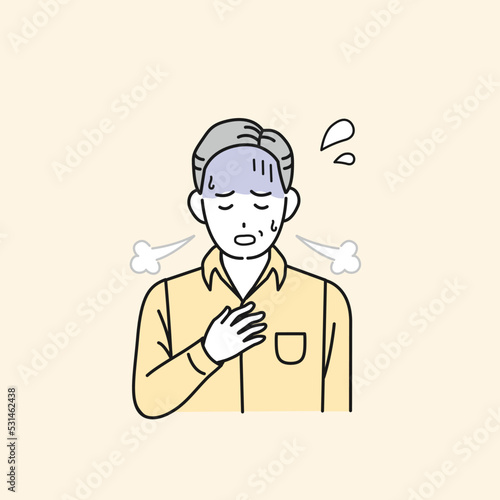 息が苦しい中年の男性　呼吸がつらい　肺気胸　喘息　呼吸困難　症状　イラスト