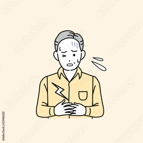 お腹が痛い中年の男性　腹痛　食あたり　食中毒　病気　症状　イラスト