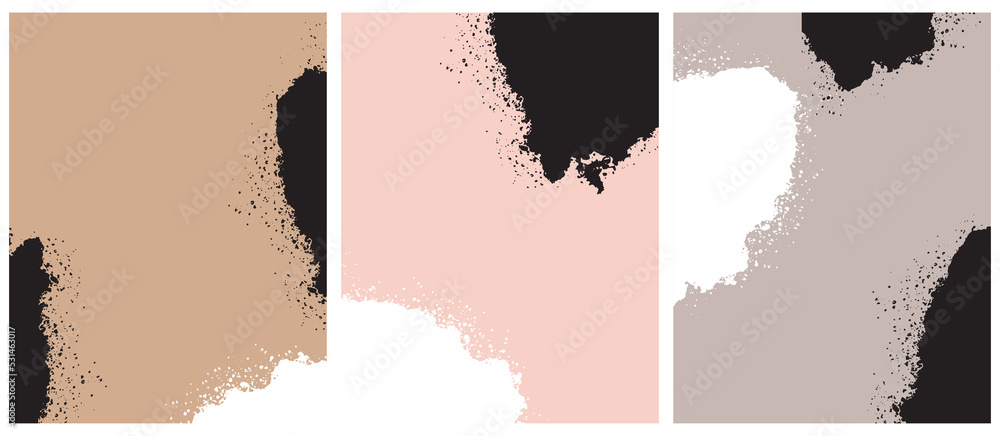 Set of 3 Abstract Vector Layouts. White and Black Paint Stains and Splashes isolated on a Terracotta Brown, Dusty Beige and Light Pink Background. Stains and Splatter Print Set. No Text.