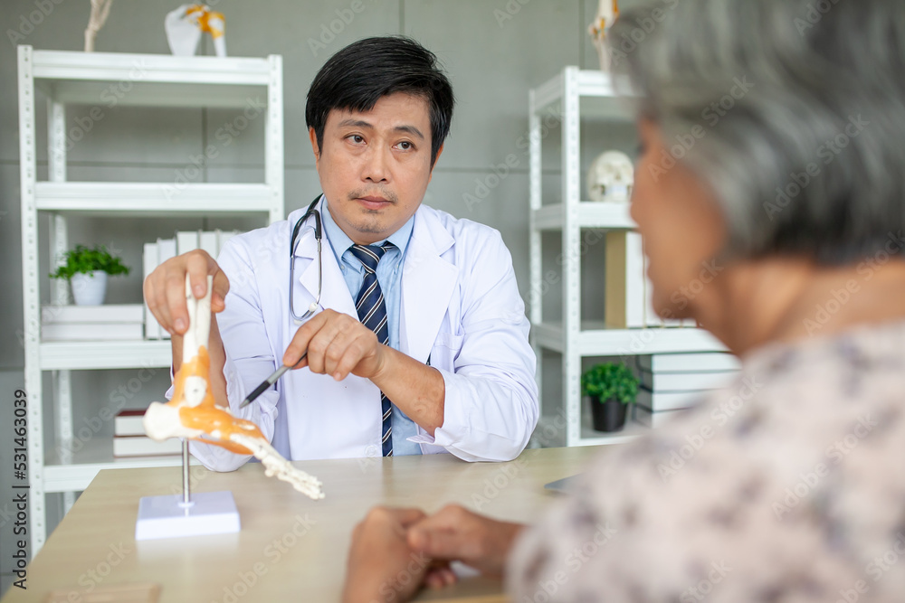 The doctor is explaining to the senior patient the foot pain with model. The doctor is explaining to the senior patient the foot pain with model.