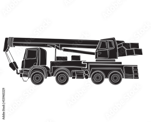 Black silhouette of Construction crane on the basis of a car. Heavy special transport. Vector illustration.