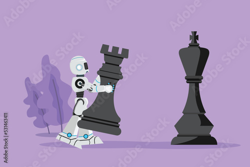 Graphic flat design drawing robot holding rook chess piece to beat king chess. Strategic movement game plan. Future technology development. Artificial intelligence. Cartoon style vector illustration