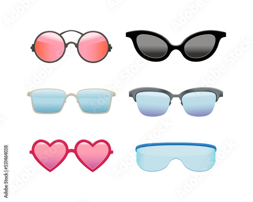 Glasses and sunglasses models set. Fashion accessories for sun protection and vision correction flat vector illustration