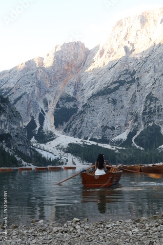  Lago di braies,canoe on lake,, Alto Adige
